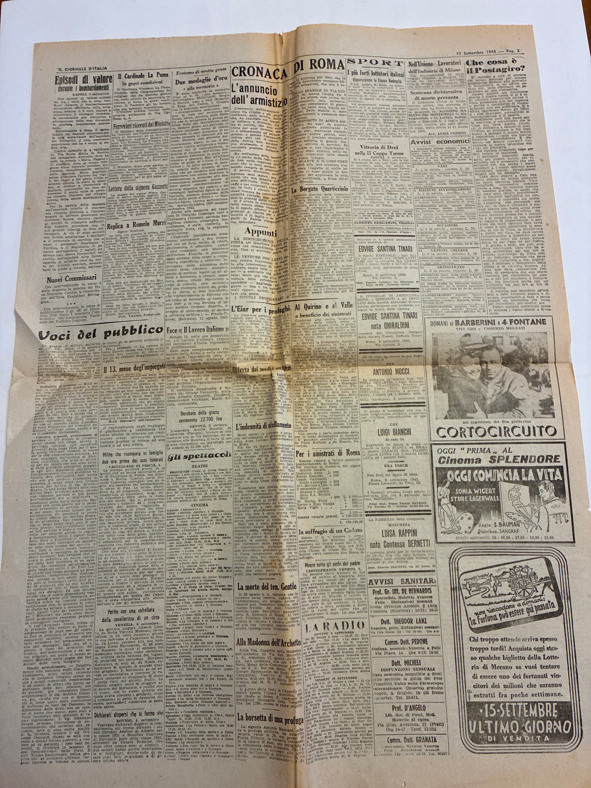Quotidiano Storico Il Giornale d'Italia 10 Settembre 1943 Armistizio Sbarco Salerno