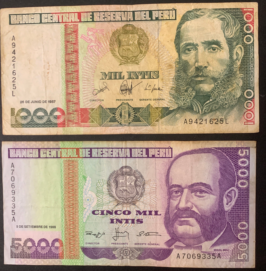 Lotto 2 Banconote Vintage Perù (1987–1988) – 1.000 e 5.000 Intis