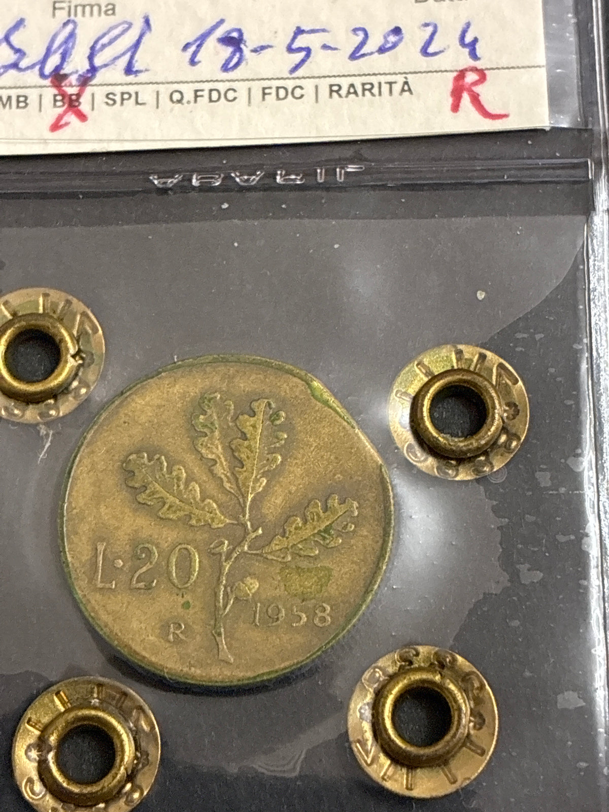 20 lire 1958 periziate "Tondello Tranciato Nord-Est" - Errore di Coniazione Raro