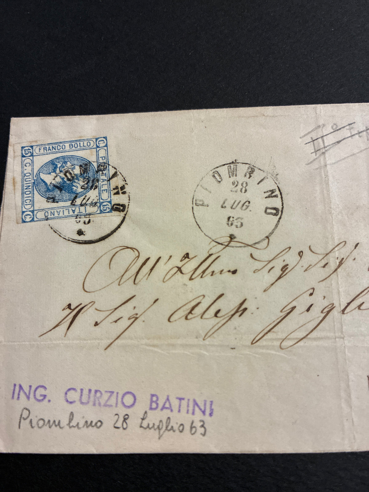 Lettera 1863 con 15 Centesimi Azzurro Secondo Tipo "Matraire" in periodo d'uso ordinario dall'Archivio e Collezione dell'Ing. Curzio Batini