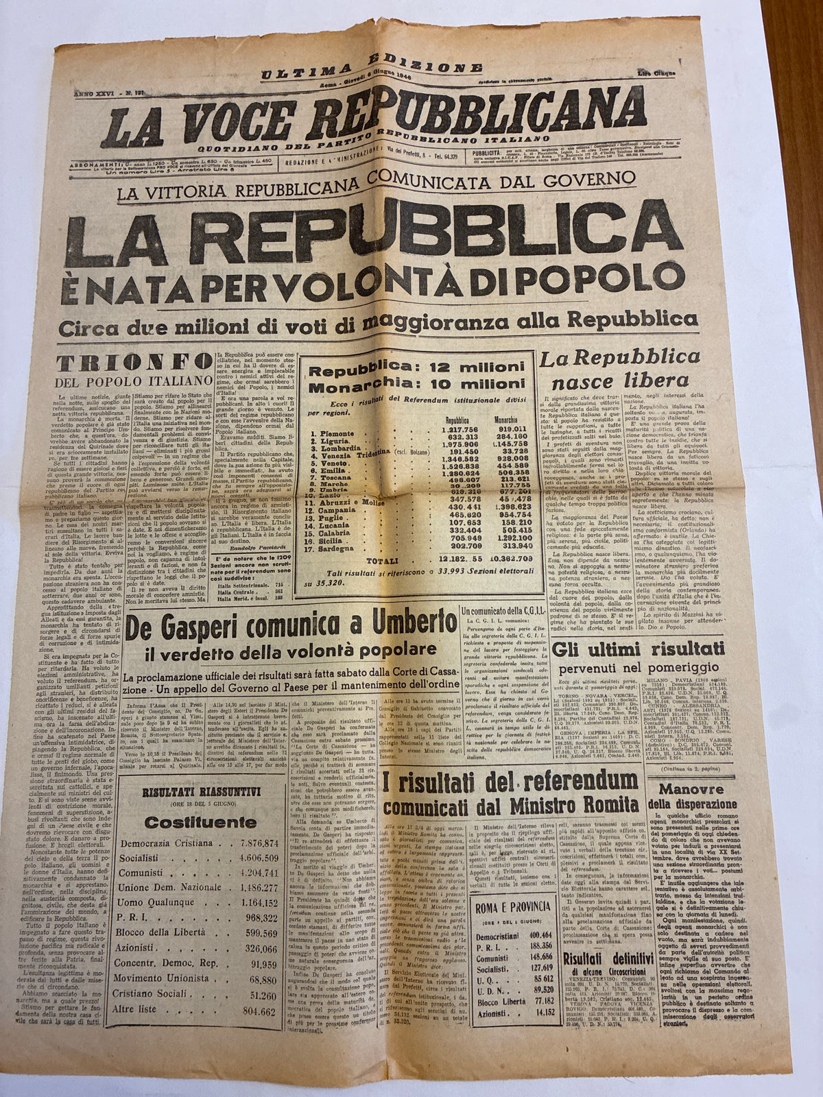 GIORNALE ORIGINALE ULTIMA EDIZIONE 6 Giugno 1946 La Voce Repubblicana - LA REPUBBLICA E' NATA Rarità Museale