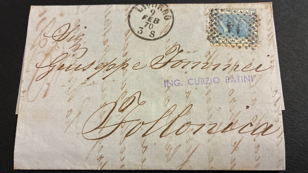 Lettera del 1870 da Livorno a Follonica affrancata con francobollo da 20 centesimi