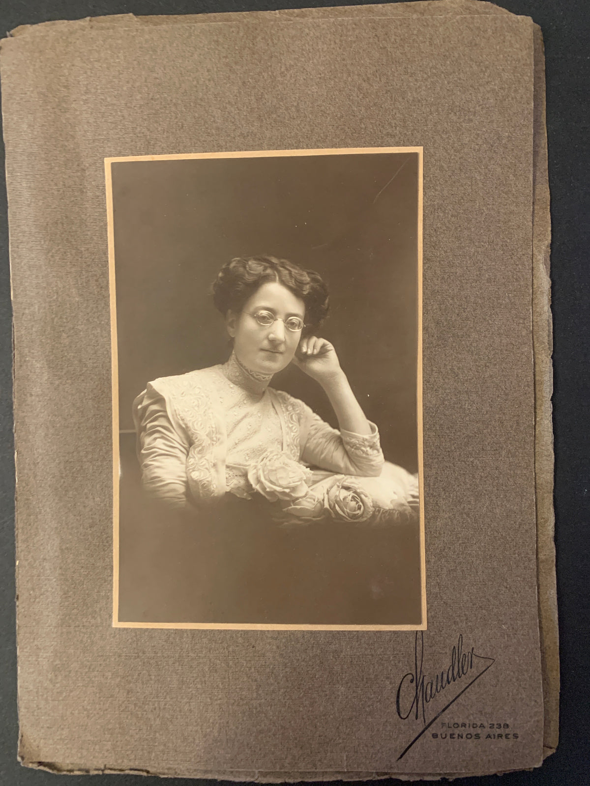 Antica Fotografia Ritratto Dama Occhiali Studio Chandler Florida Buenos Aires D'Epoca