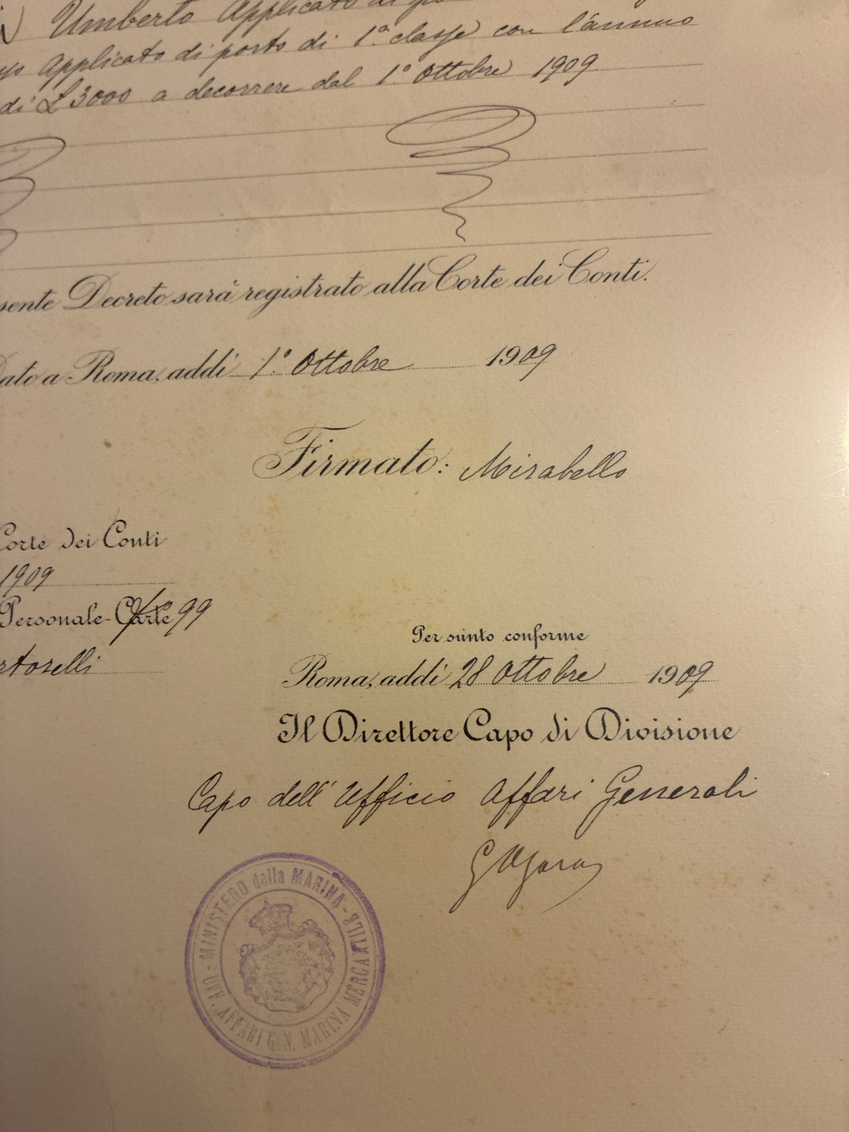 Raro Decreto Ministeriale 1909 Promozione Regia Marina Umberto Lugli - Ministro Mirabello Timbro Viola - Incorniciato Storia Sabauda