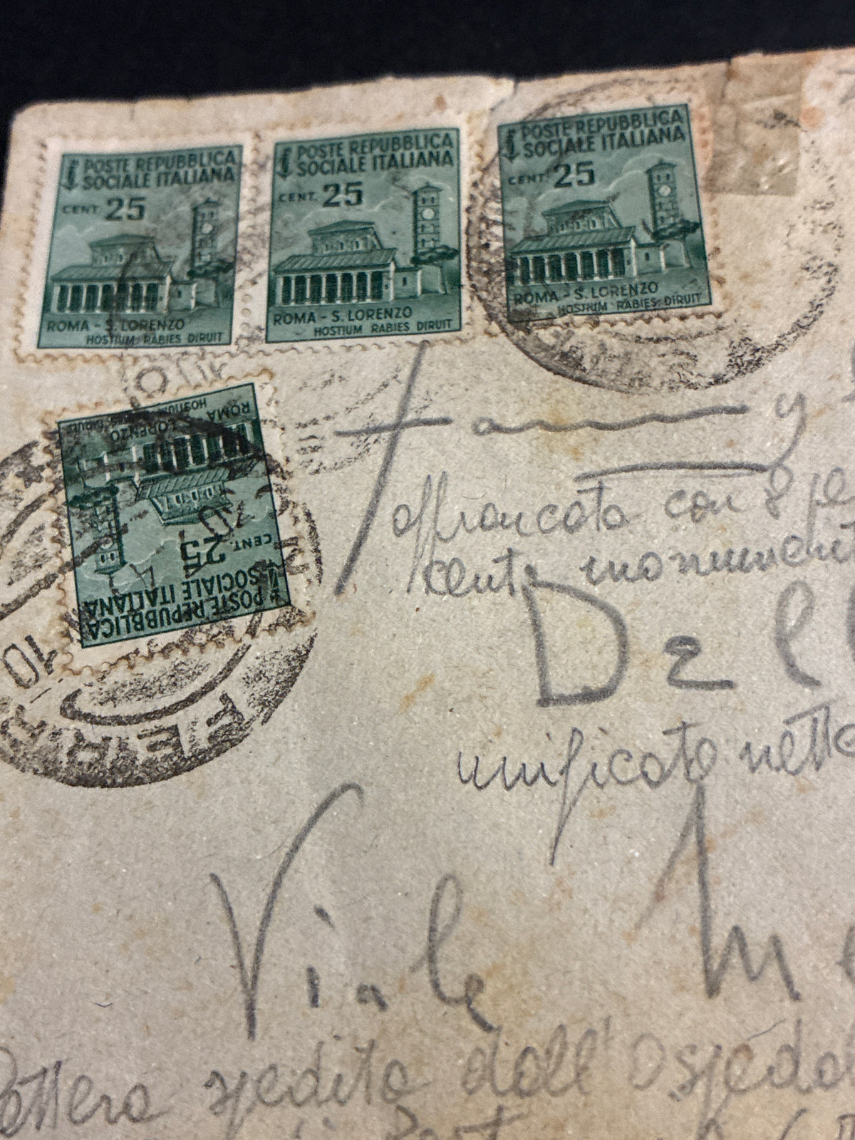Busta da Ospedale Militare di Postumia affrancata con 8 valori RSI "Monumenti Distrutti" e tassata in emergenza nel dopoguerra con coppia della serie Imperiale da 2 Lire datata 3/8/45