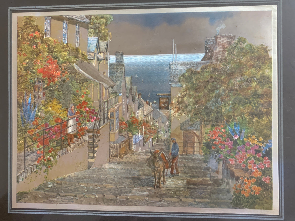 Quadro Vintage su Lamina Argentata – Scorcio di Borgo Marinaro fiorito con Mare