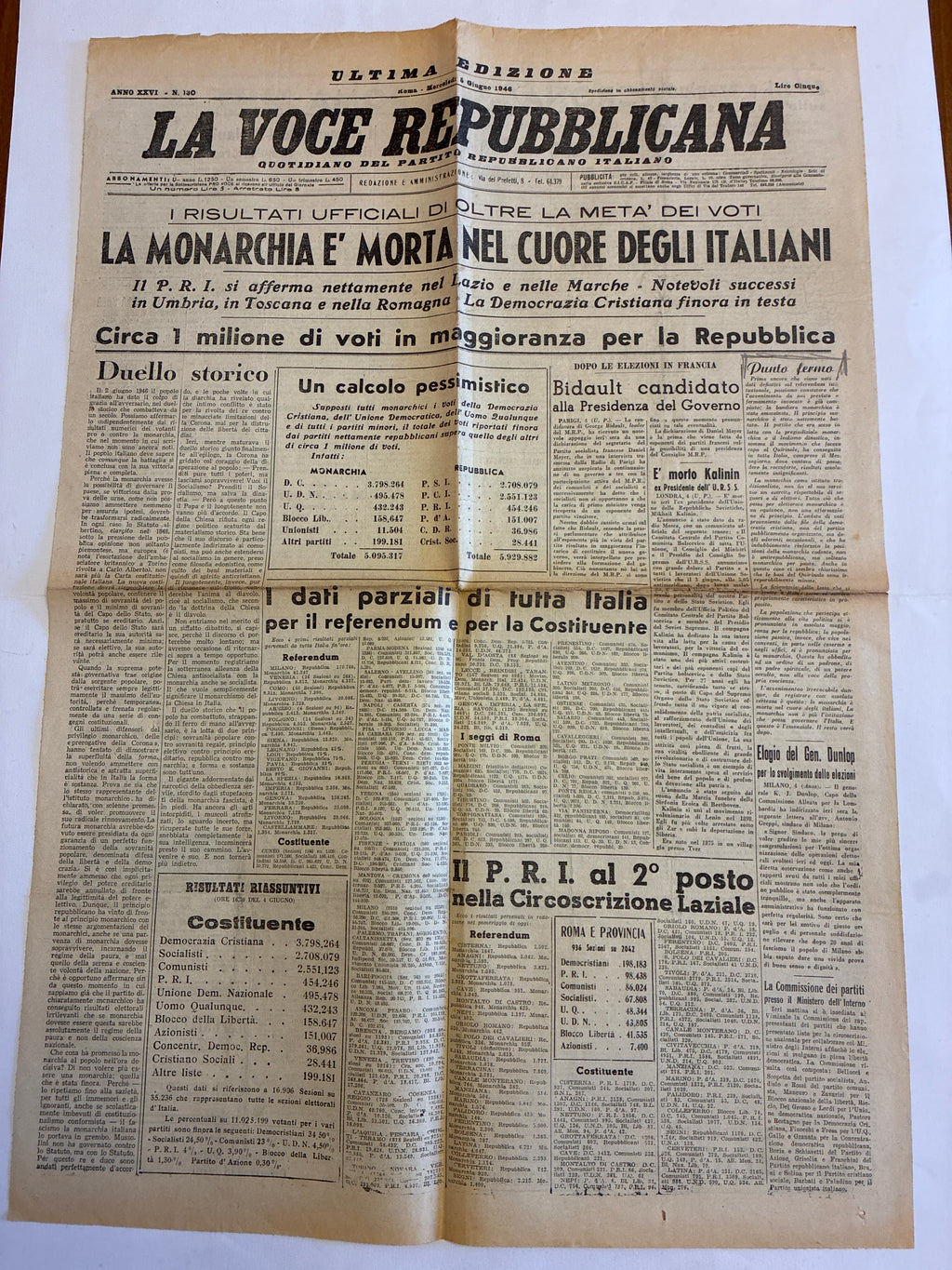 GIORNALE ORIGINALE ULTIMA EDIZIONE 5 Giugno 1946 La Voce Repubblicana - LA MONARCHIA E' MORTA Conservazione Eccellente