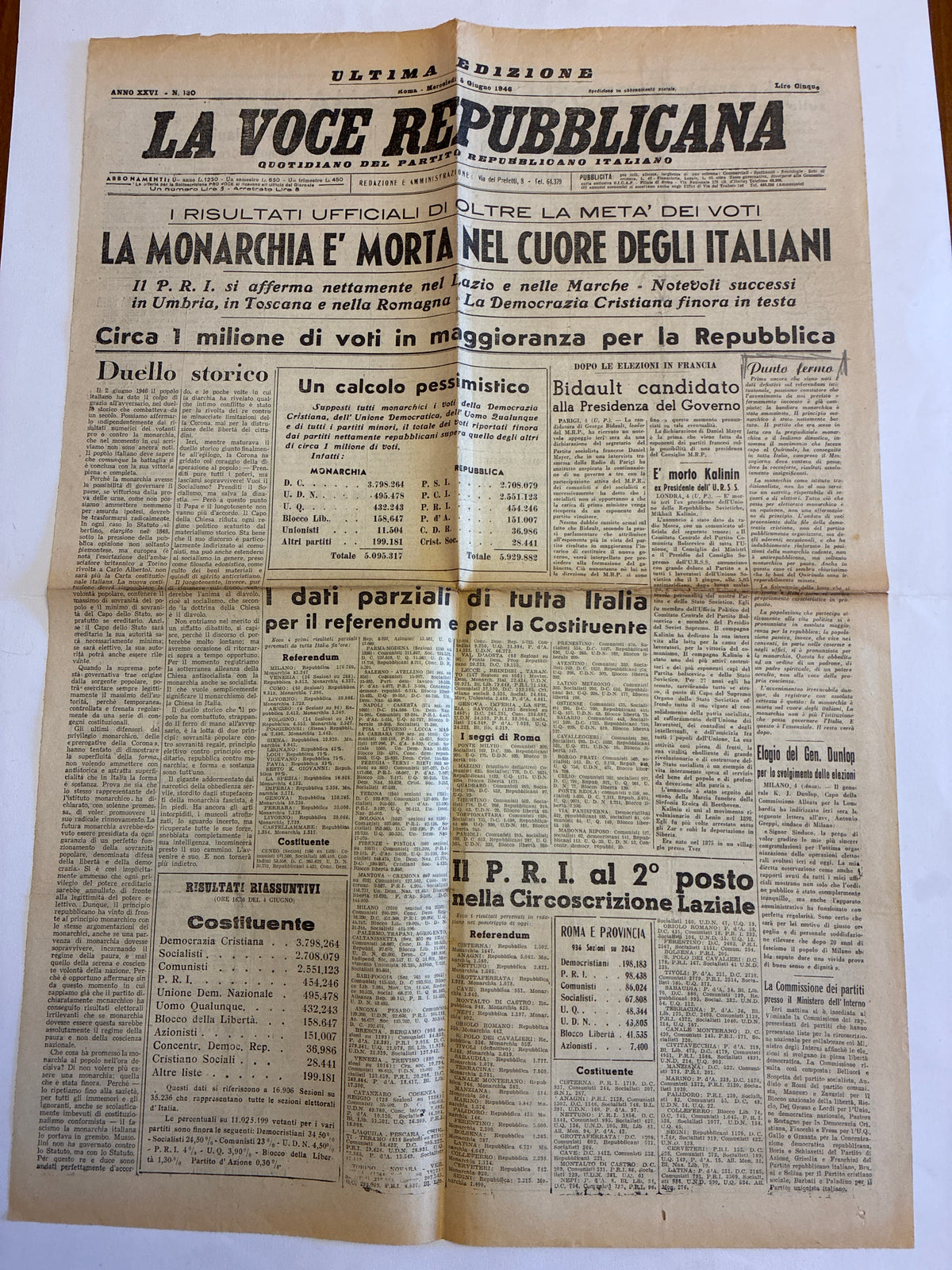 GIORNALE ORIGINALE ULTIMA EDIZIONE 5 Giugno 1946 La Voce Repubblicana - LA MONARCHIA E' MORTA Conservazione Eccellente