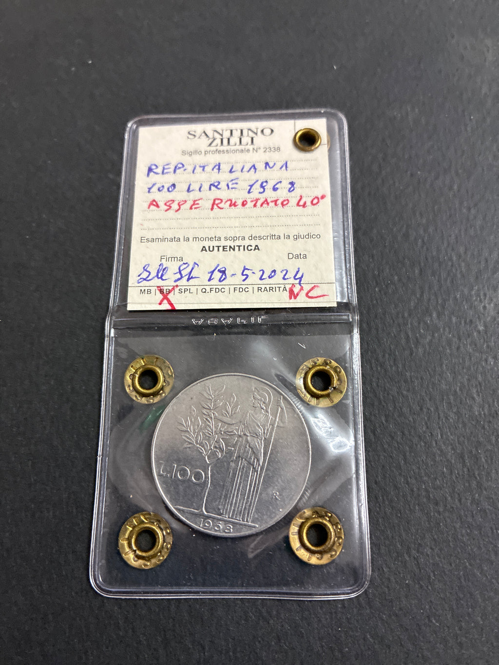 100 Lire 1968 Minerva Repubblica Italiana - Errore di conio Asse Ruotato di 40° Periziata Santino Zilli NC