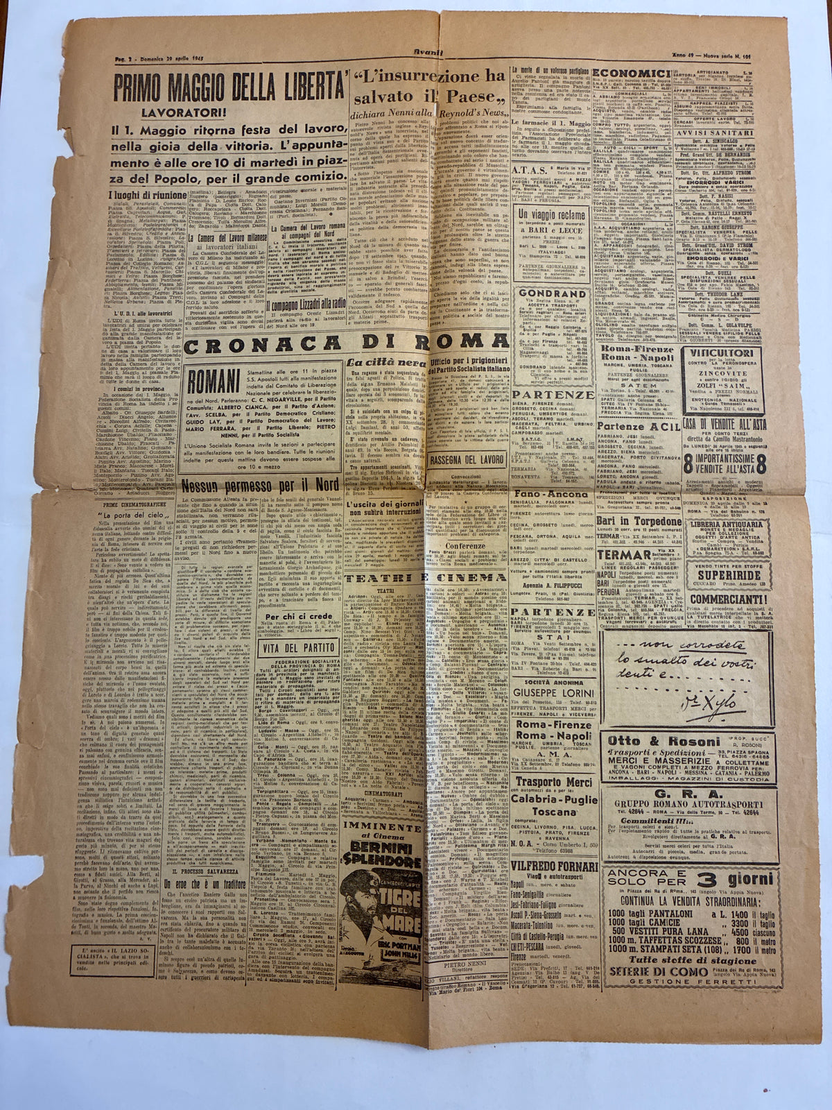 Raro Quotidiano Originale L'Avanti! 29 Aprile 1945 - Edizione Completa Roma - Fucilazione Farinacci e Mussolini