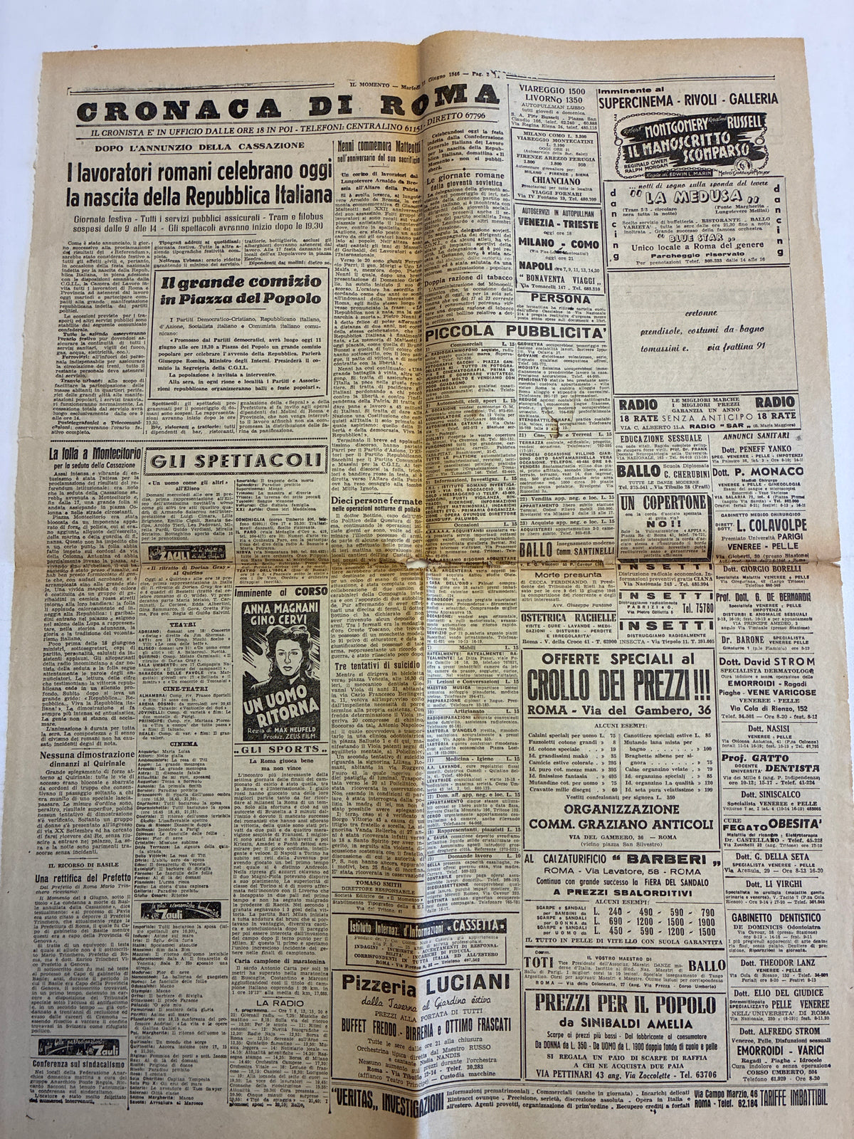 GIORNALE ORIGINALE 11 Giugno 1946 Il Momento - CRISI ISTITUZIONALE UMBERTO II DE GASPERI