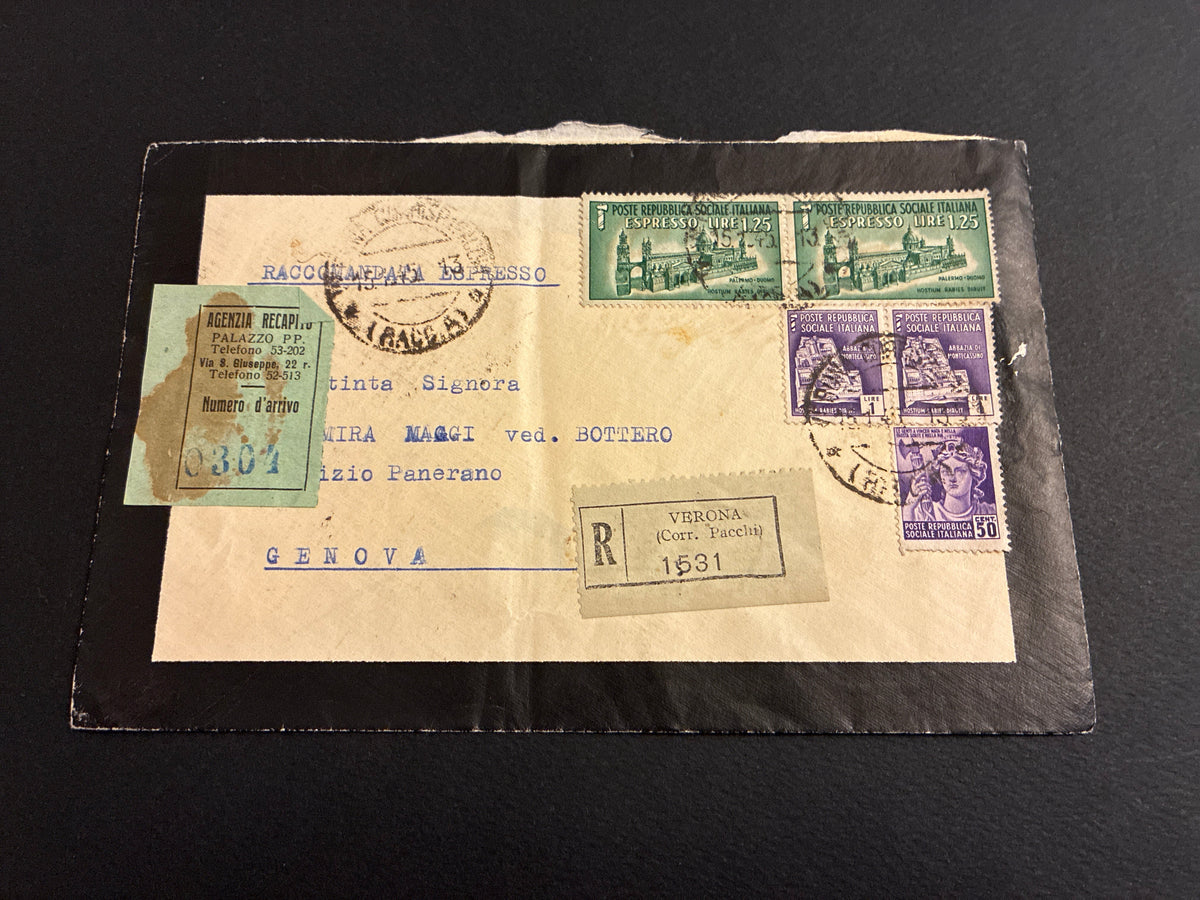 Repubblica Sociale Italiana: lettera raccomandata espresso da Verona a Genova del 2 aprile 1945 affrancata con due valori espressi da 1,25 Lire, due da 1 Lira e un 50 Centesimi della serie Monumenti Distrutti in esatta tariffa da 5 Lire