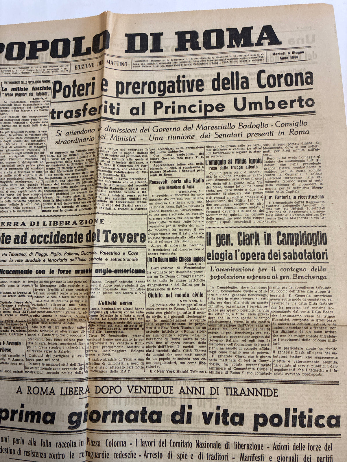 Quotidiano Originale Epoca Il Popolo di Roma 6 Giugno 1944 Prima Giornata di Vita Politica Seconda Guerra Mondiale