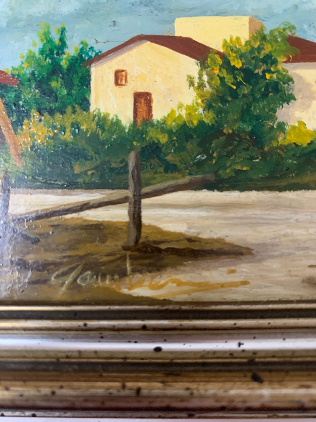 Quadro Olio su Tavola - Paesaggio Rurale con Casolare e Viandante - Firmato con Cornice Vintage