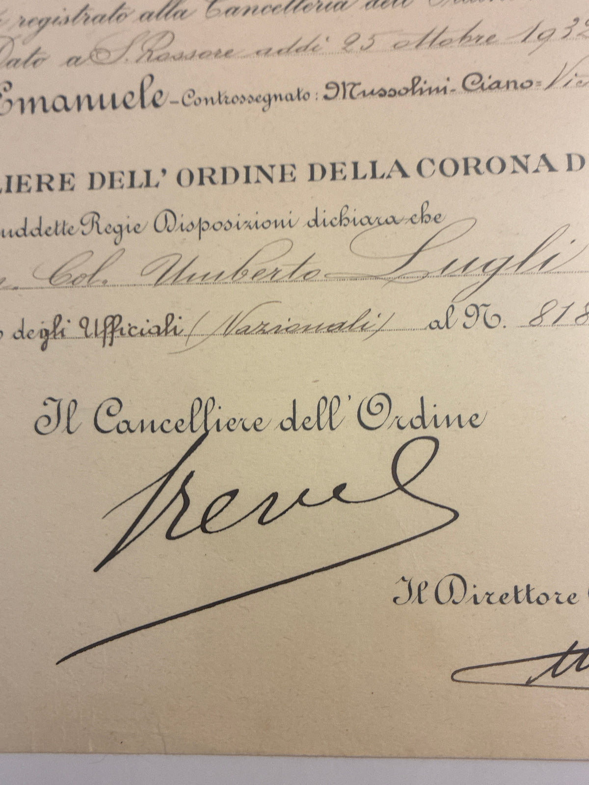 Raro Decreto 1932 Ufficiale Corona d'Italia - Firma Autografa Ammiraglio Revel e Timbro a Secco - Incorniciato Umberto Lugli