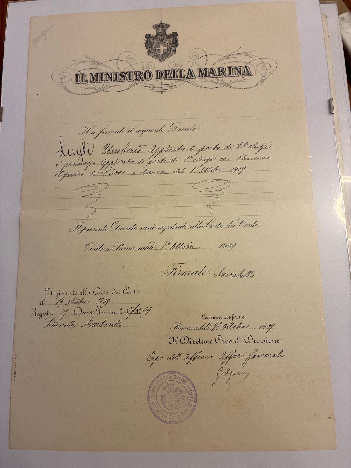 Raro Decreto Ministeriale 1909 Promozione Regia Marina Umberto Lugli - Ministro Mirabello Timbro Viola - Incorniciato Storia Sabauda