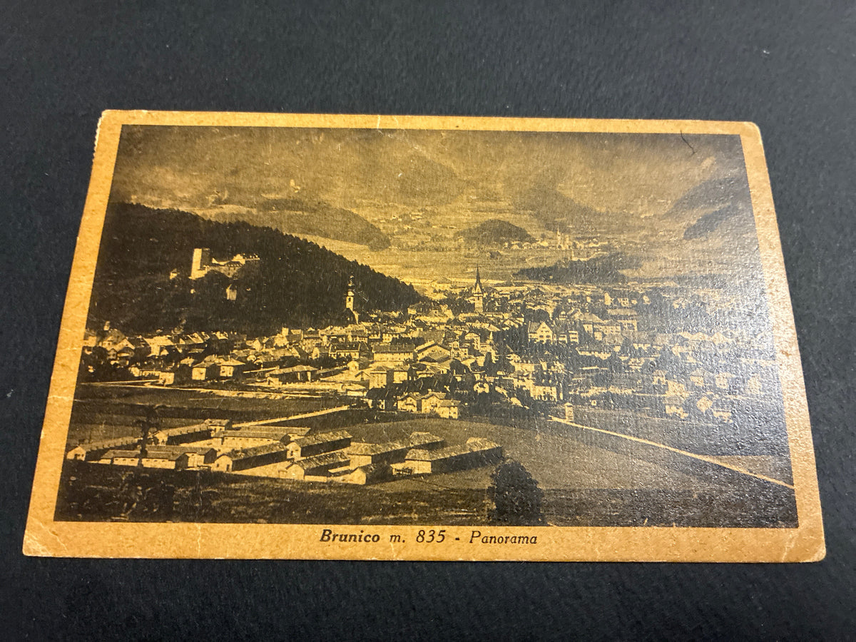 Tarda Repubblica Sociale Italiana cartolina illustrata Brunico viaggiata da Bolzano il 29 marzo 1945 affrancata con Monumenti Distrutti RSI 25 e 30 centesimi