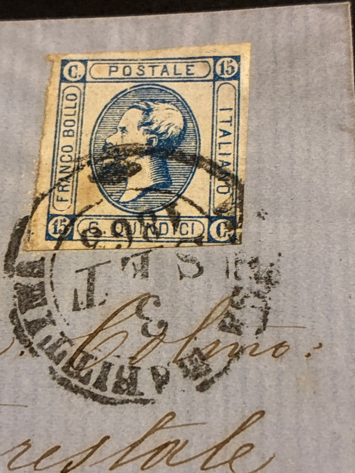 Lettera del Regno d'Italia (1863) con 15 c. del secondo tipo ex coll. Curzio Batini, da Massa Marittima per il circondario di Valpiana (Follonica) con transito Ambulante
