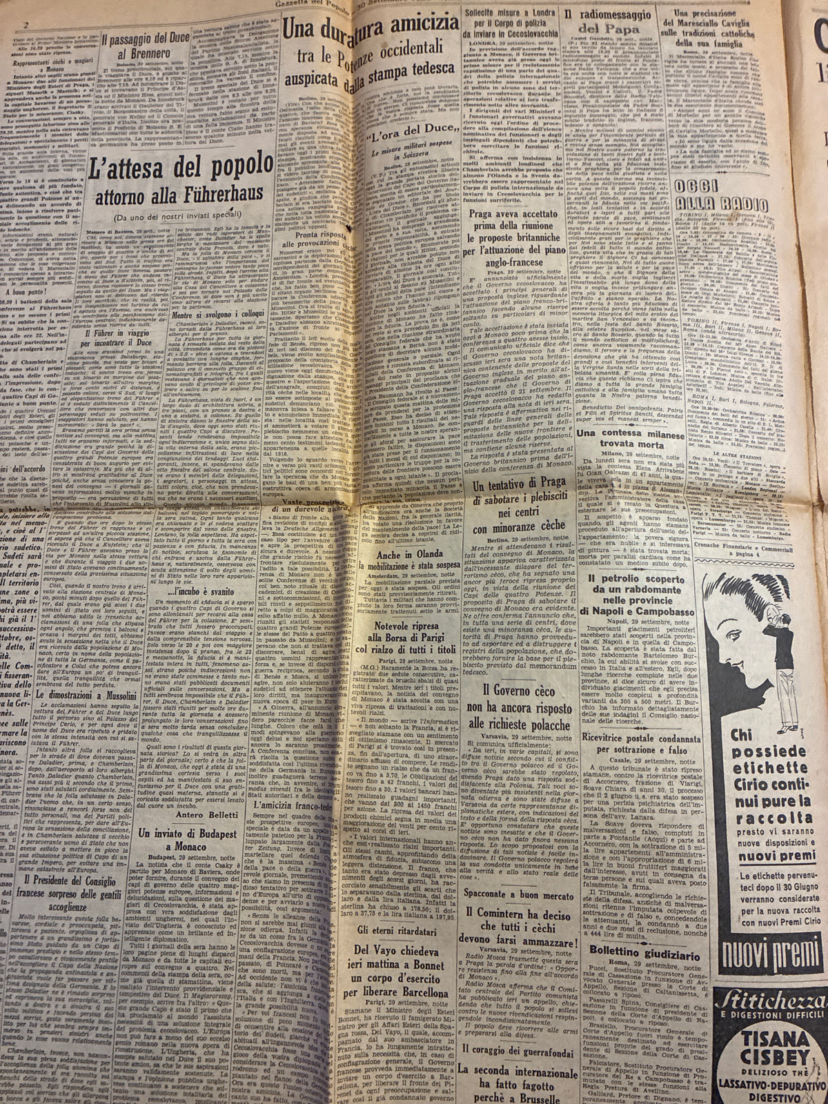 Quotidiano Storico Gazzetta del Popolo 30 Settembre 1938 Accordo Monaco Fascismo Mussolini