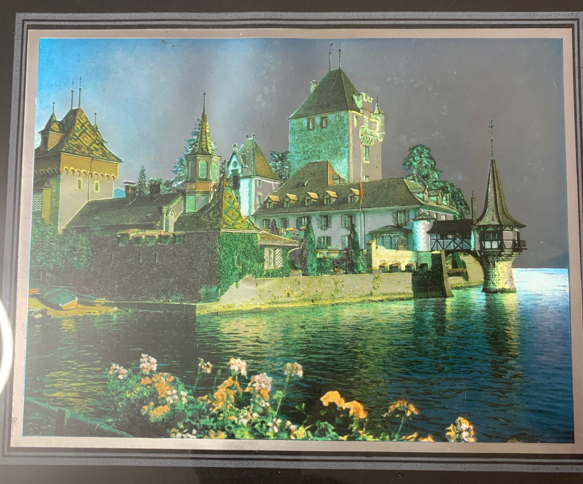Quadro Vintage Castello di Oberhofen (Svizzera) su Lastra Argentata con Cornice Dorata