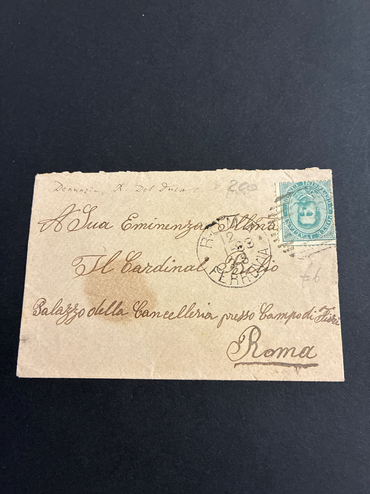 Busta 1883 R. Posta Ferrovia per il Cardinale Luigi Bilio Palazzo della Cancelleria Roma Francobollo 5c Umberto I Storia Postale Vaticana