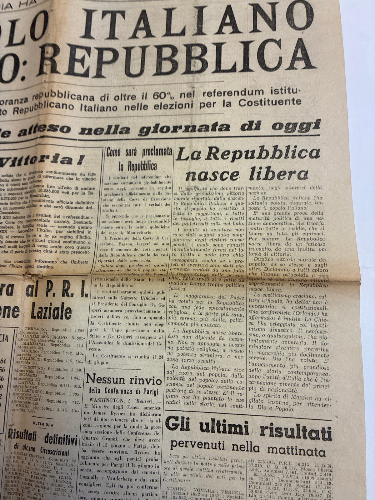 6 Giugno 1946 La Voce Repubblicana - NASCE LA REPUBBLICA ITALIANA Pezzo da Museo