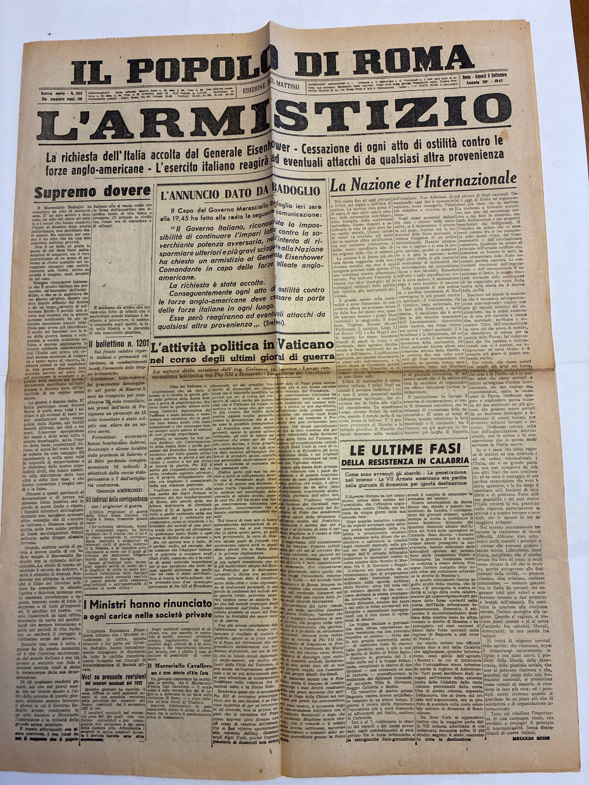 Quotidiano Storico Il Popolo di Roma 9 Settembre 1943 Armistizio Badoglio Integro