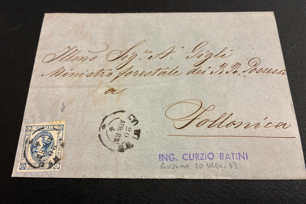 Lettera 1863 con 15 Centesimi Azzurro Primo Tipo "Matraire" in uso precoce dall'Archivio e Collezione dell'Ing. Curzio Batini