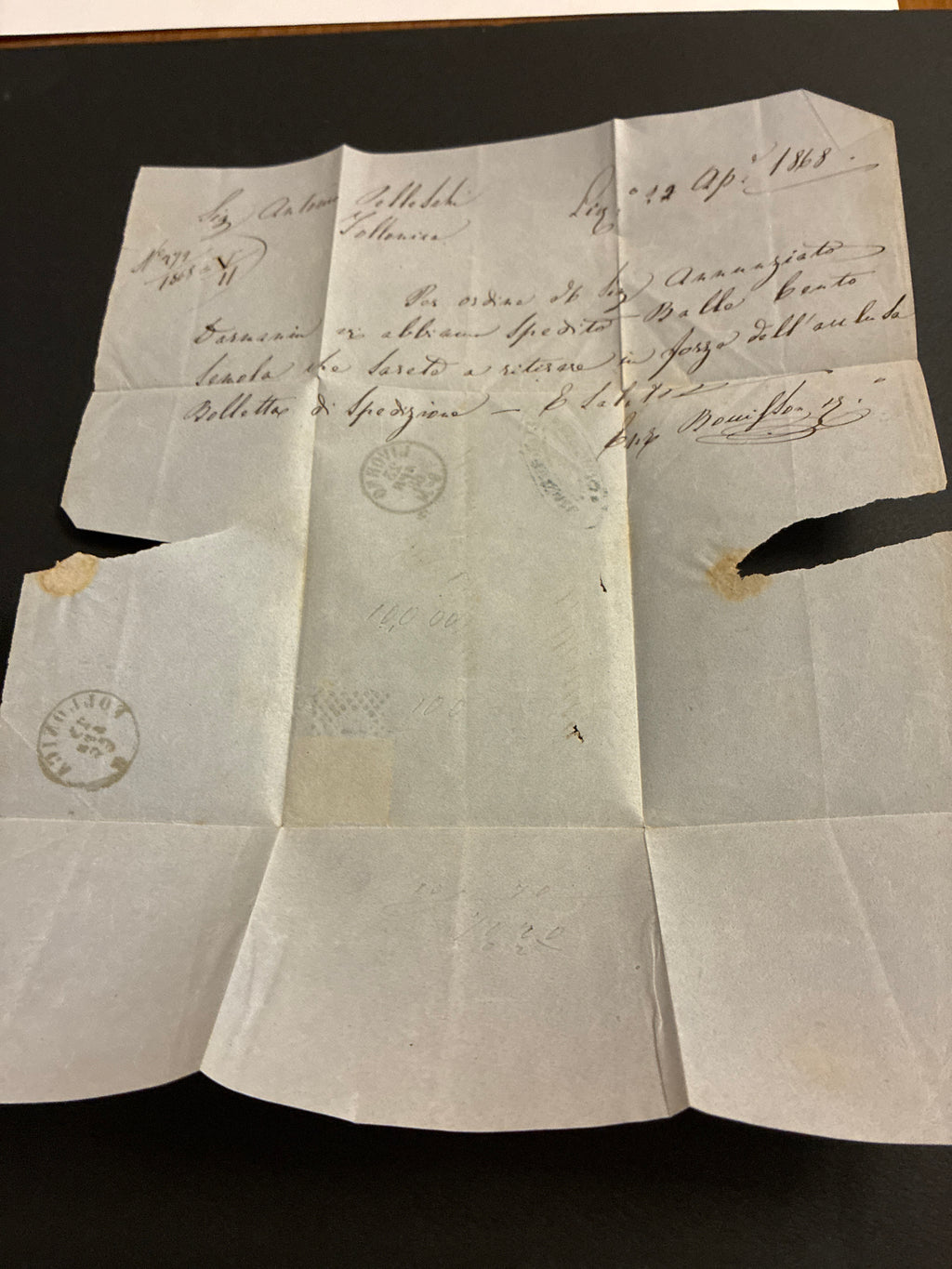 Lettera del 1868 da Livorno a Follonica affrancata con francobollo da 20 centesimi