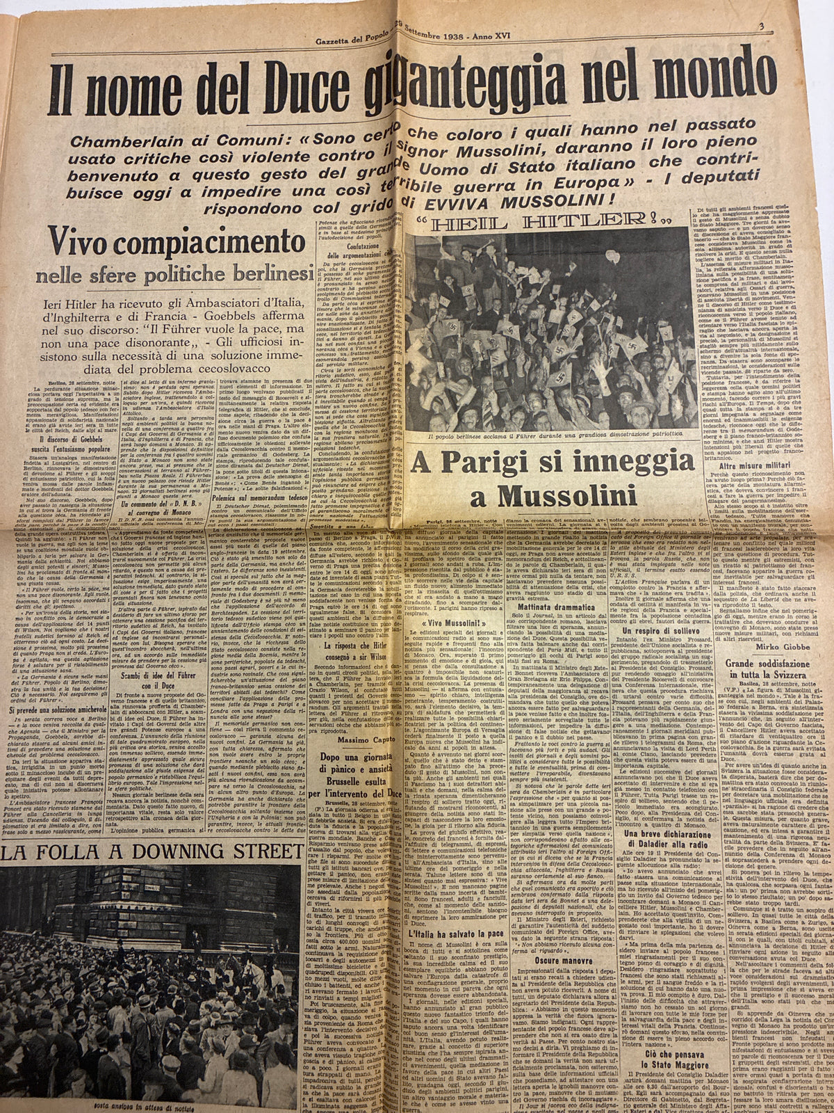 Quotidiano Storico Gazzetta del Popolo 29 Settembre 1938 Conferenza di Monaco Fascismo Mussolini