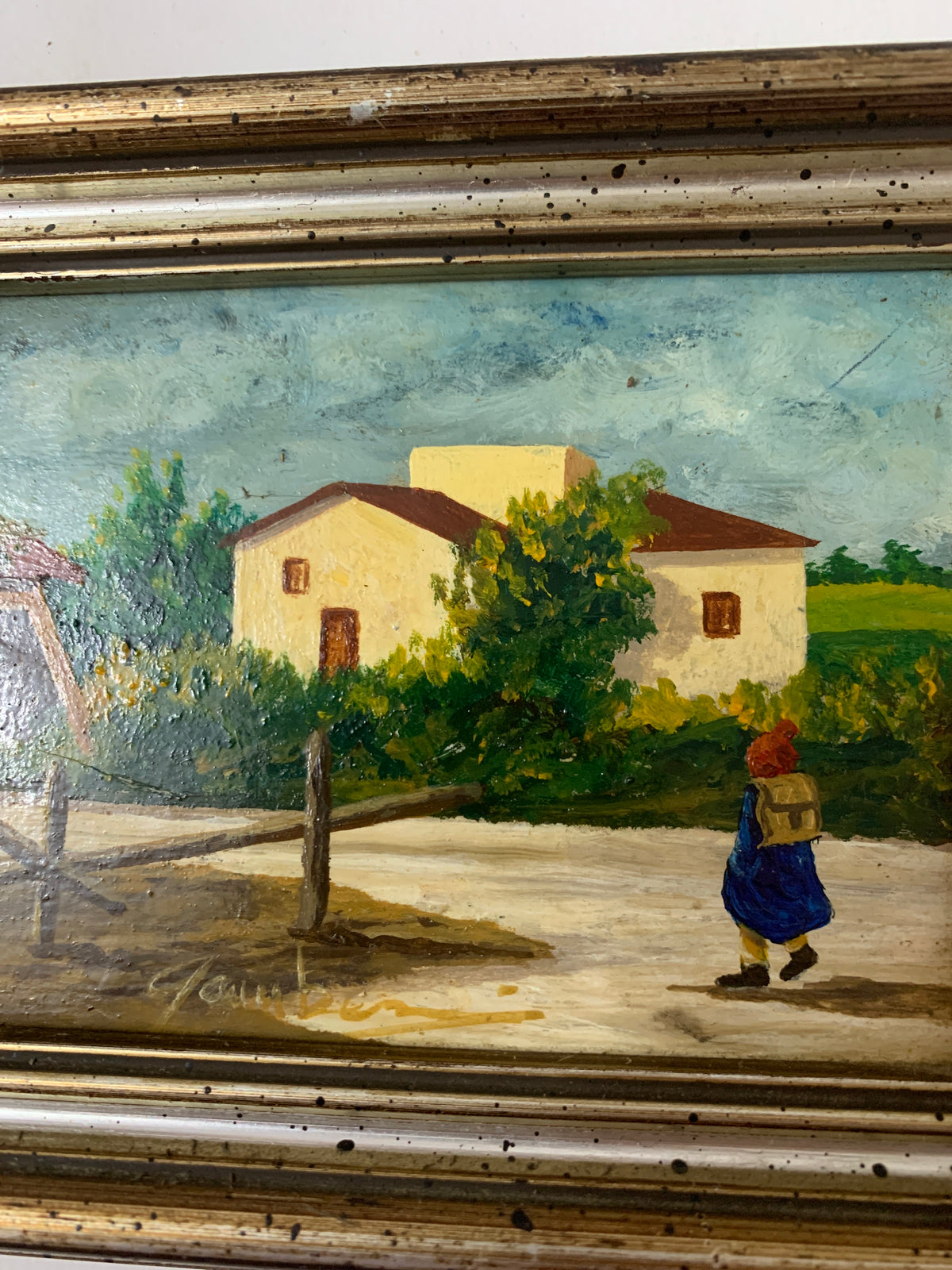 Quadro Olio su Tavola - Paesaggio Rurale con Casolare e Viandante - Firmato con Cornice Vintage