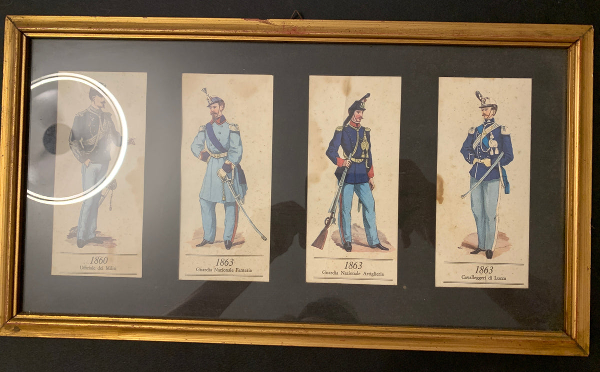 Serie di 3 quadri con stampe di uniformi militari storiche (1725-1863)