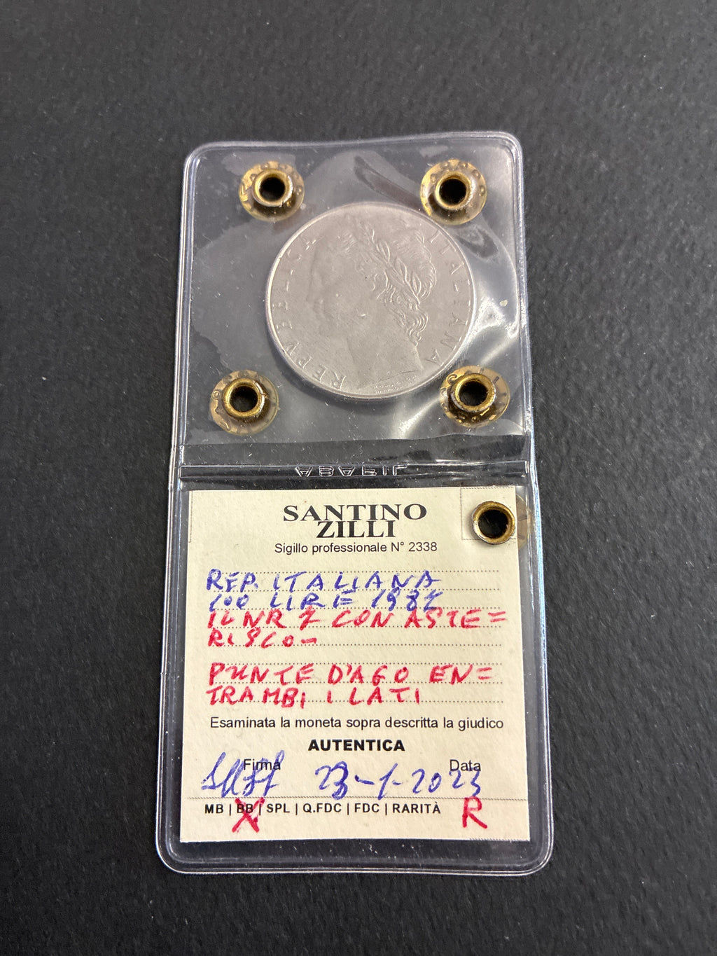 100 Lire 1987 Minerva Rara con Aste sul Numero 7 e Punte d'Ago Periziata