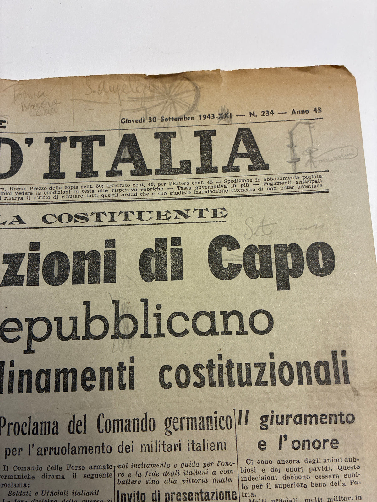 Quotidiano Storico Il Giornale d'Italia 30 Settembre 1943 RSI Stato Fascista Repubblicano