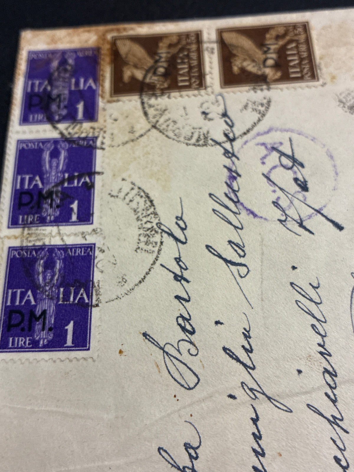 Busta 1943/44 da Torre del Greco a Roma affrancata con Posta Aerea Imperiale sovrastampata P.M. e timbro di Censura Alleata A.C.S.