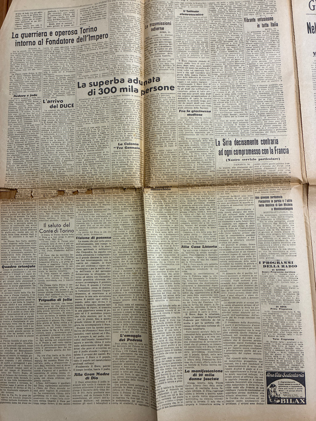 Quotidiano Originale Epoca La Gazzetta del Mezzogiorno 15 Maggio 1939 Discorso Duce Torino