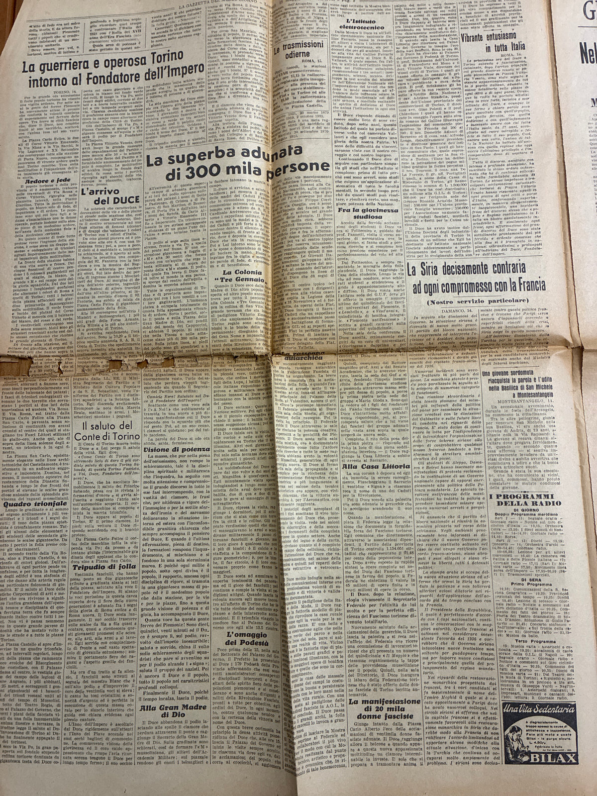 Quotidiano Originale Epoca La Gazzetta del Mezzogiorno 15 Maggio 1939 Discorso Duce Torino
