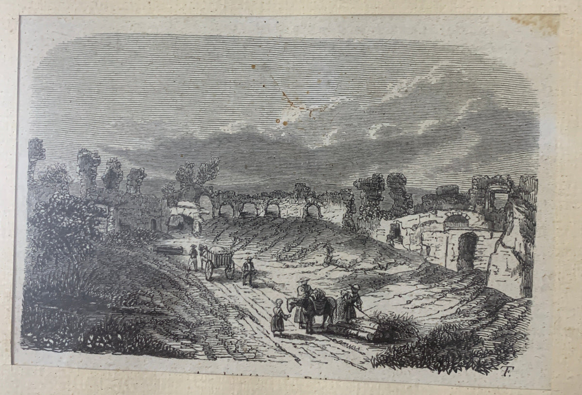 Stampa Antica Incisione Dell'800 Con Rovine Romane E Cornice Coeva