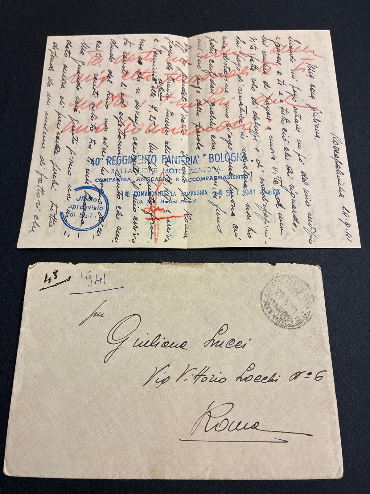 Lettera d'amore militare del 1941 da Roccapalumba a Roma completa di testo e timbri del 40° Reggimento Fanteria Bologna.