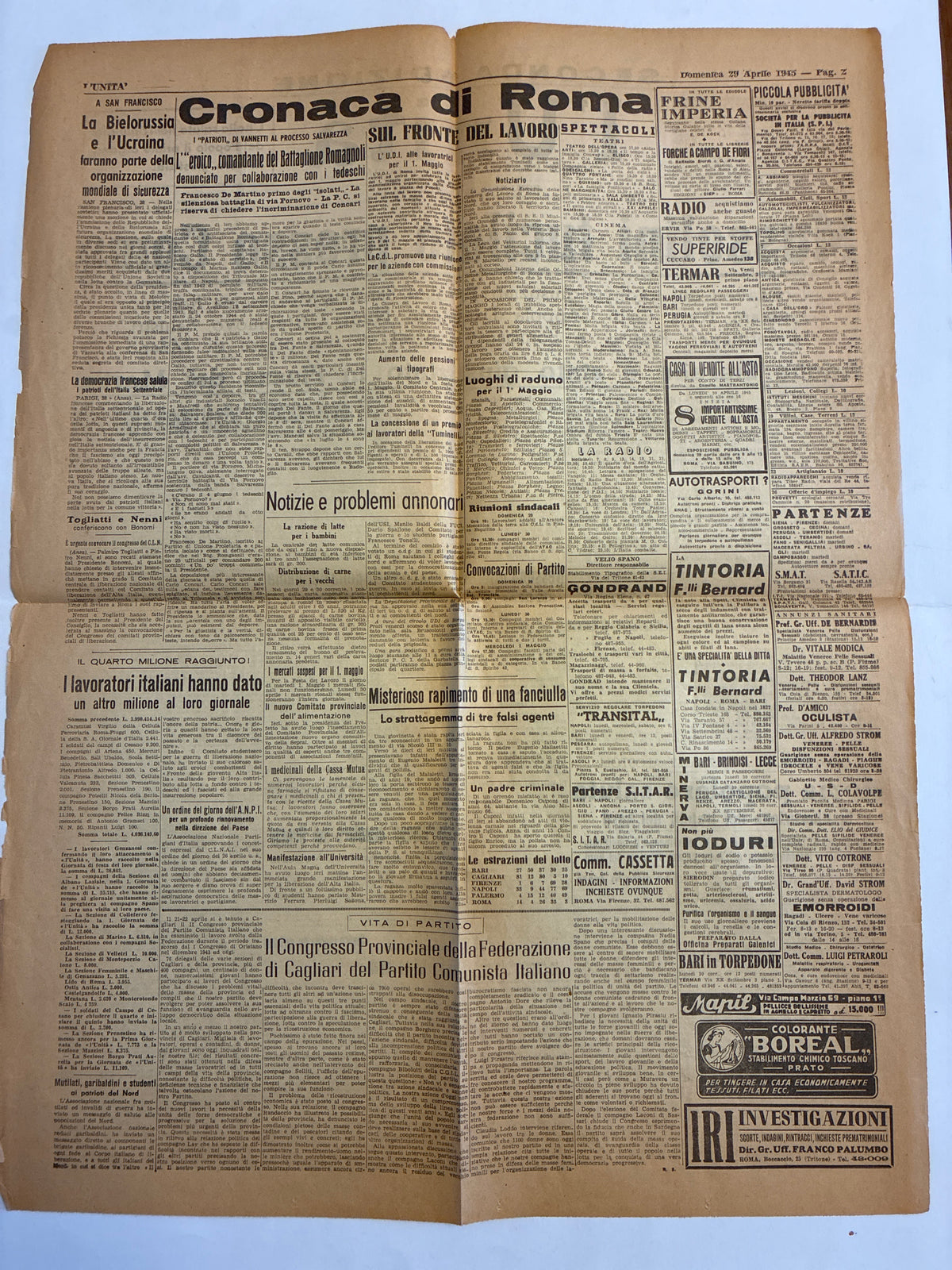 Raro Quotidiano Originale l'Unità 29 Aprile 1945 - Edizione Completa Roma - Fucilazione Mussolini