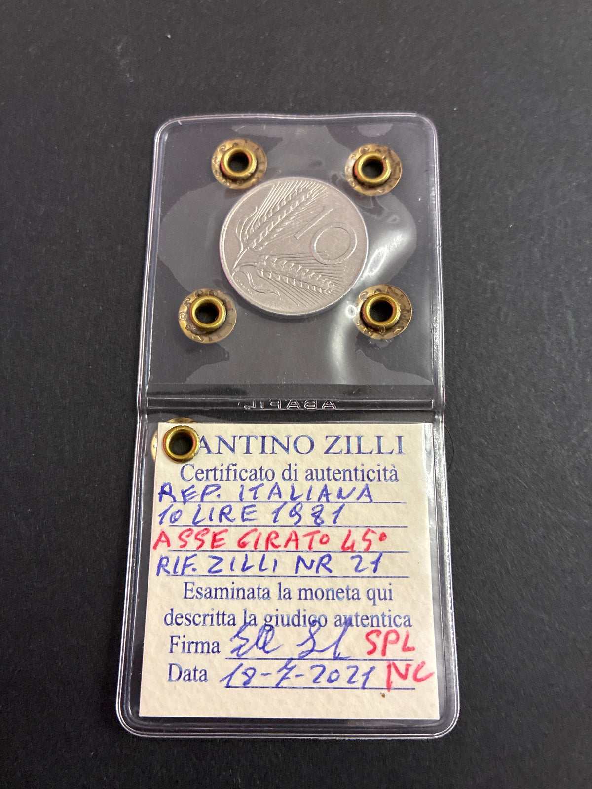 10 Lire Spiga dell'81 Periziata con Errore di Conio Asse Ruotato 45°