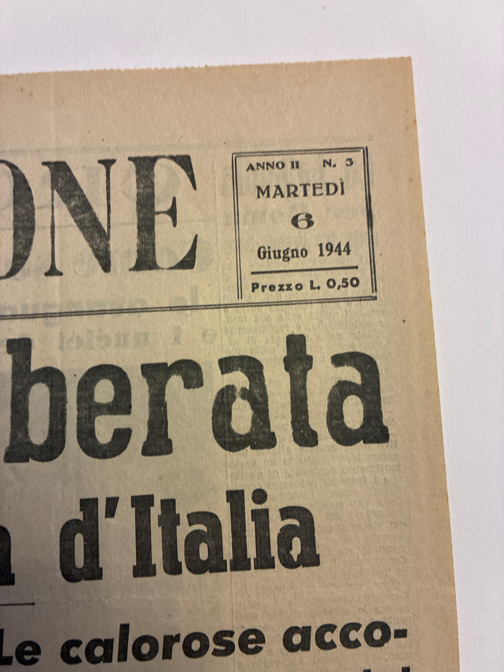 Quotidiano storico "Ricostruzione" – Edizione straordinaria di Roma liberata (6 Giugno 1944)