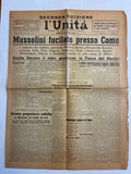 Raro Quotidiano Originale l'Unità 29 Aprile 1945 - Edizione Completa Roma - Fucilazione Mussolini