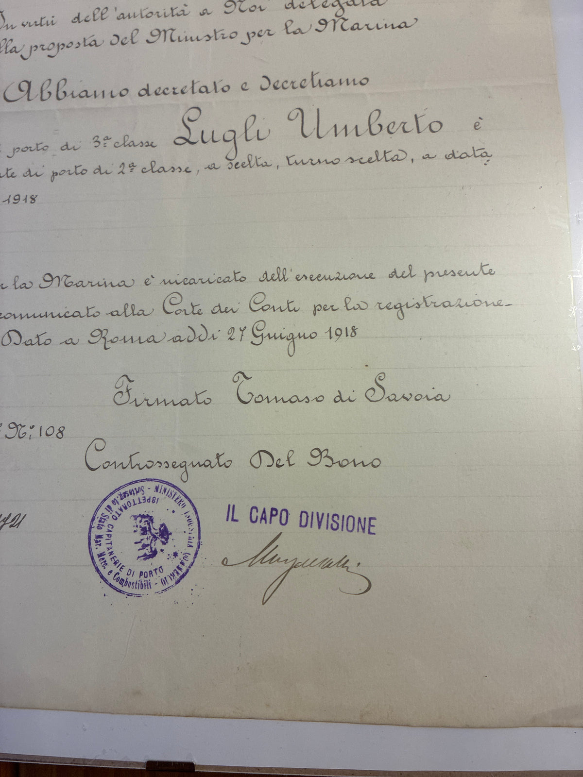 Raro Decreto Luogotenenziale 1918 Grande Guerra Umberto Lugli - Tomaso di Savoia - Incorniciato Capitanerie Marina