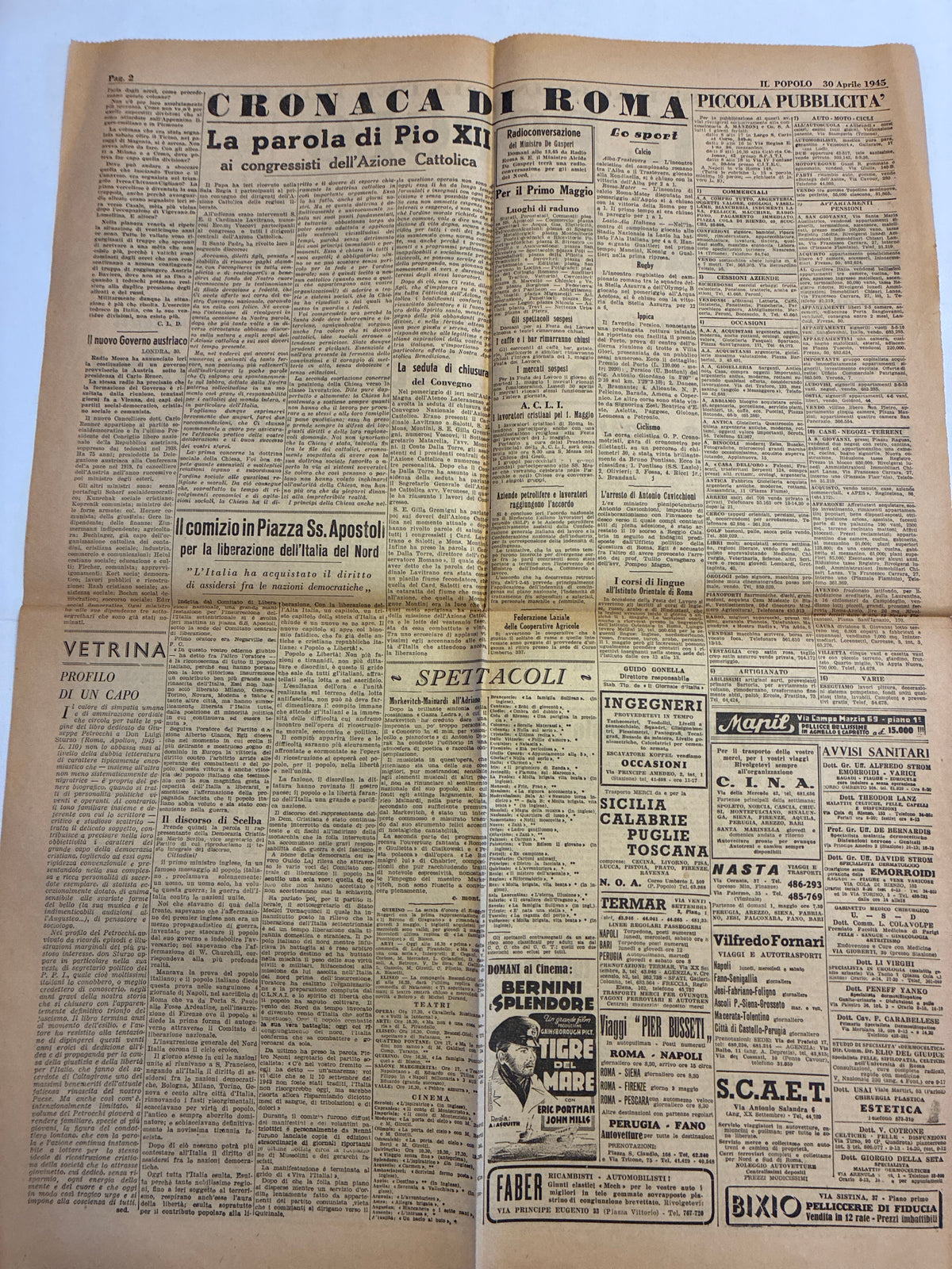Edizione Straordinaria del Pomeriggio IL POPOLO 30 Aprile 1945 - Raro Quotidiano Originale "Come è stato fucilato Mussolini"