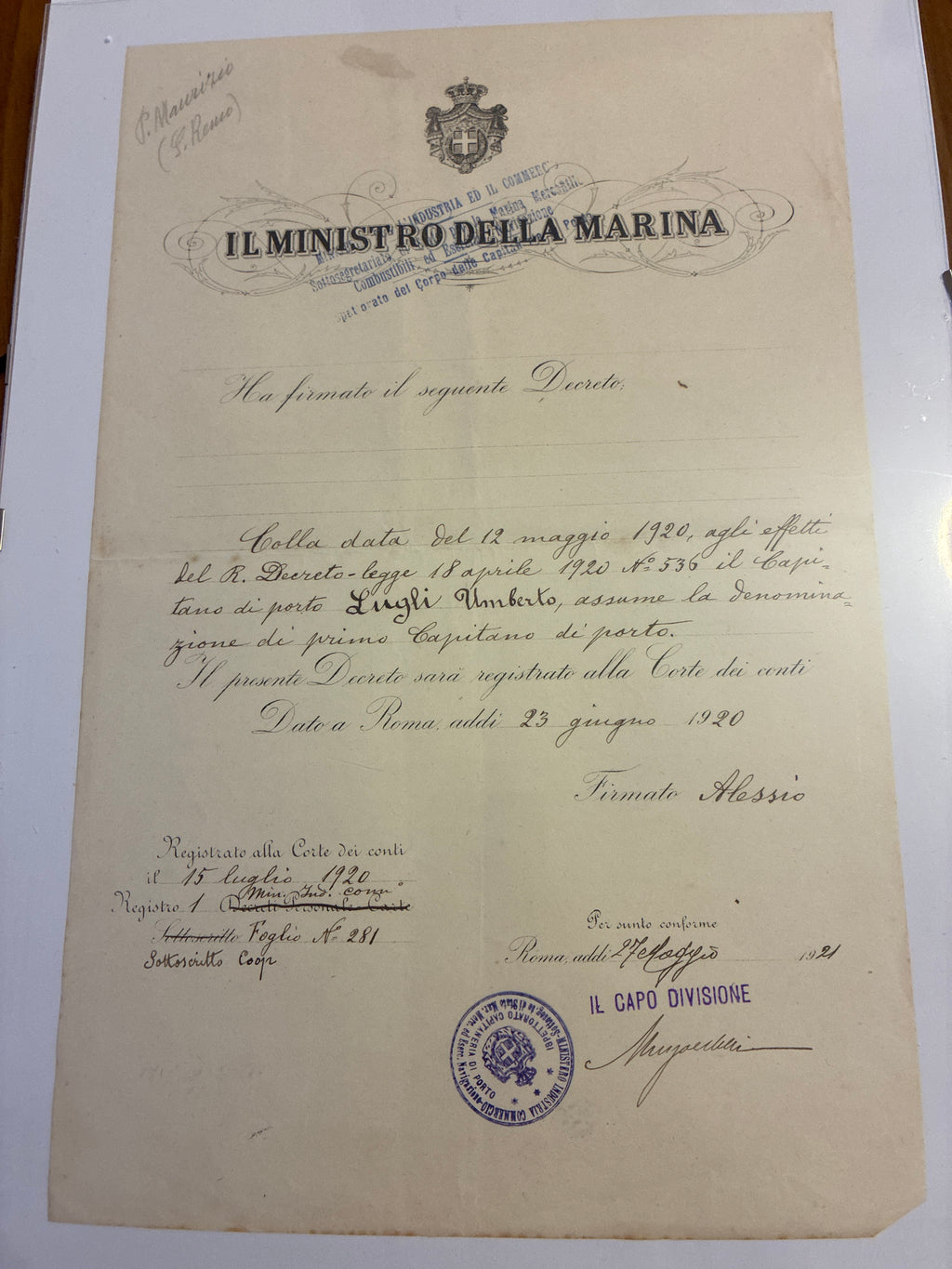 Raro Decreto Ministeriale 1920 Primo Capitano Porto Umberto Lugli - Doppio Timbro - Incorniciato Storia Sabauda
