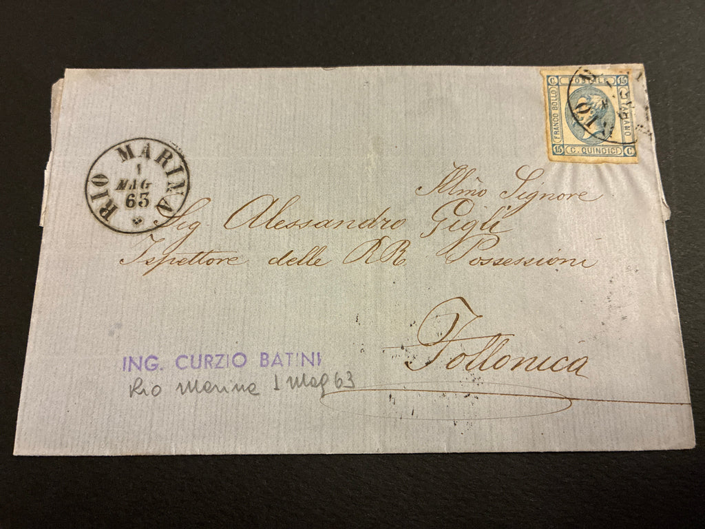 Lettera Rara 1863 da Rio Marina (Isola d'Elba) per l'Ispettore delle Regie Possessioni con 15 Centesimi "Matraire" Primo Tipo in uso precoce dall'Archivio e Collezione dell'Ing. Curzio Batini