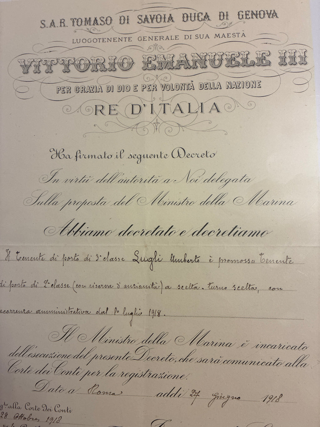 Raro Decreto Luogotenenziale 1918 Riserva Anzianità Umberto Lugli - Tomaso di Savoia - Incorniciato Grande Guerra