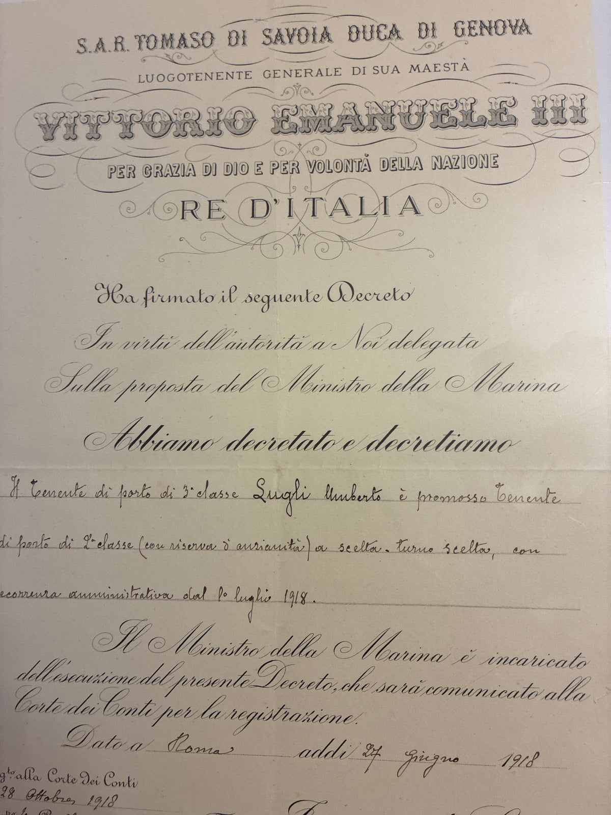 Raro Decreto Luogotenenziale 1918 Riserva Anzianità Umberto Lugli - Tomaso di Savoia - Incorniciato Grande Guerra
