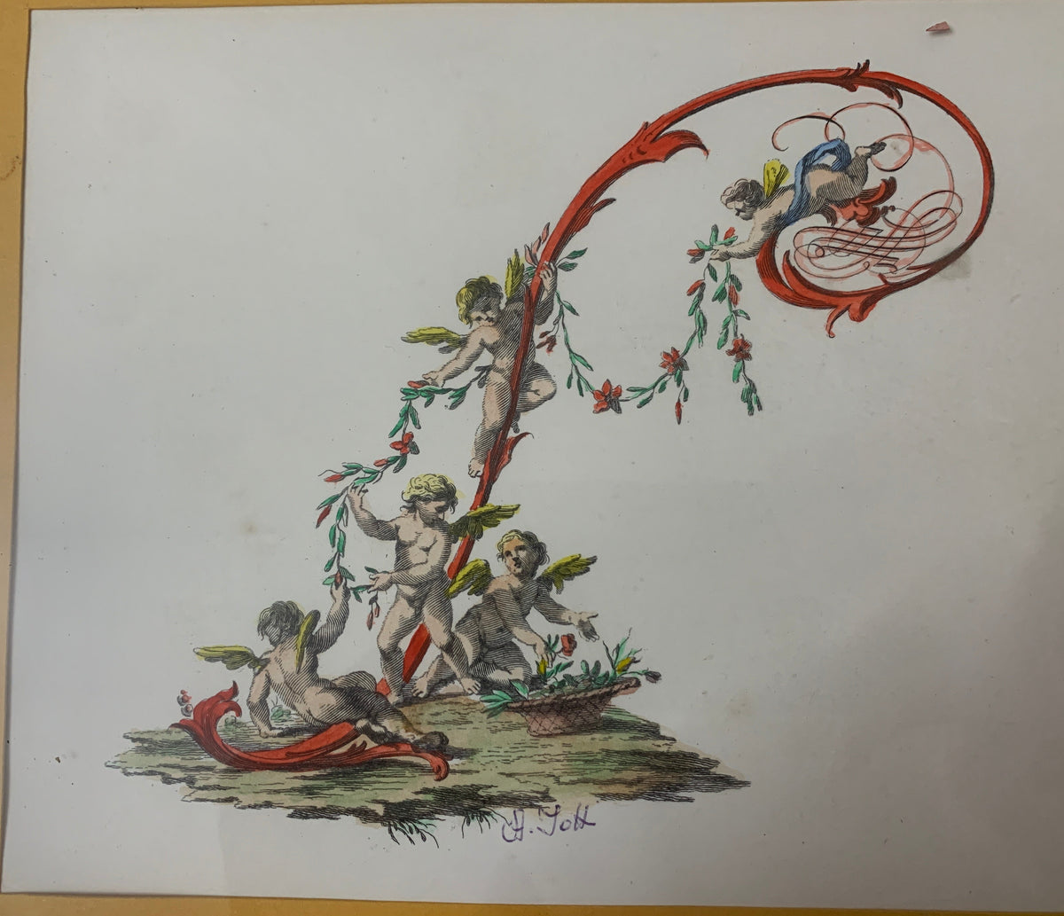 Stampa Vintage Classica Putti e Fiori Firmata H. Tott con Cornice Dorata